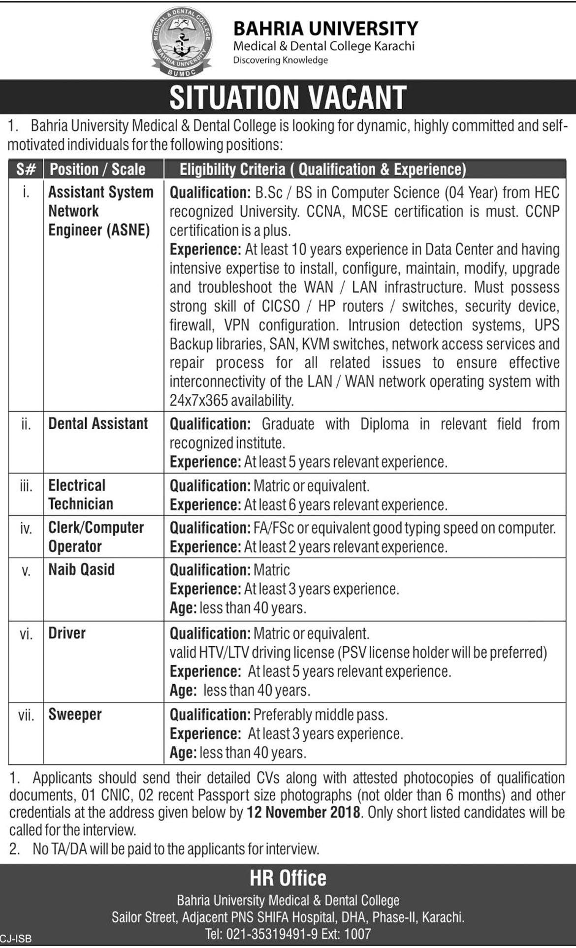 Jobs In Bahria University Medical And Dental College 11 Oct 2018