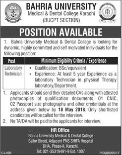 Jobs in Bahria University Medical and Dental College Karachi 04 May 2018