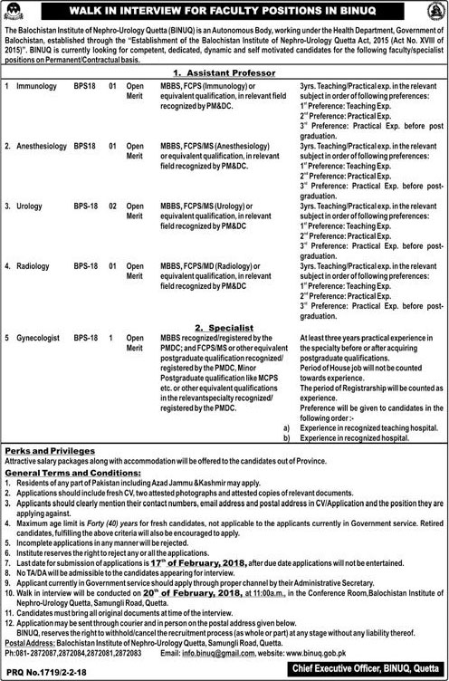 Jobs In Balochistan Institute Of Nephro Urology Quetta 07 Feb 2018