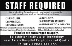Jobs in Balochistan Institute of Technology 06 June 2018