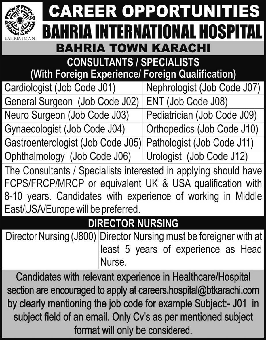 Jobs In Behria International Hospital 14 Jan 2018