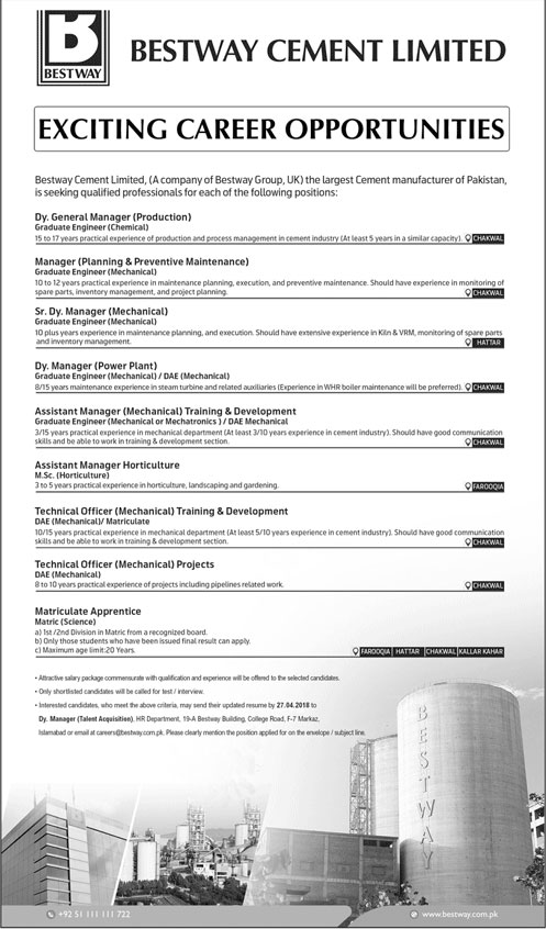 Jobs in Bestway Cement Ltd 22 April 2018