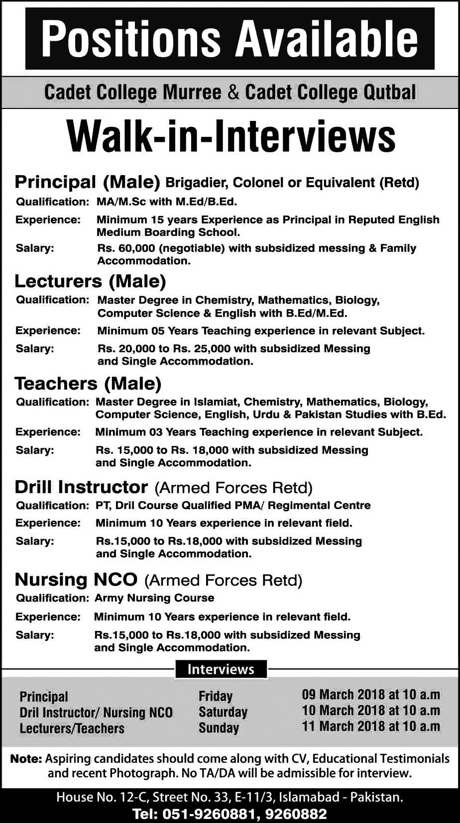 Jobs In Cadet College 05 Mar 2018