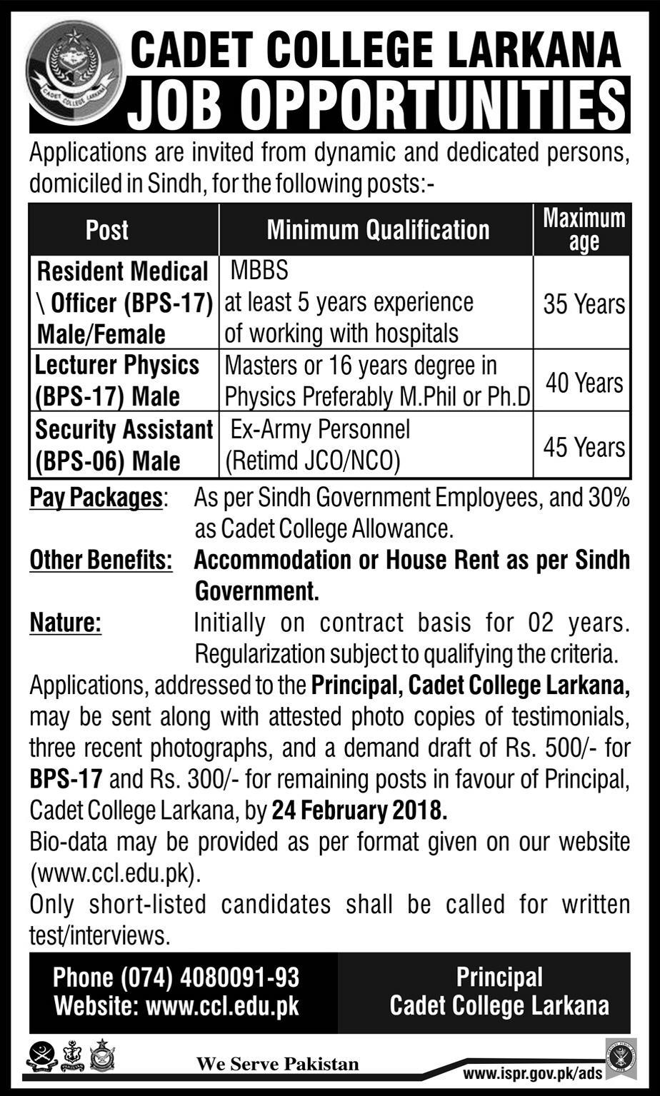 Jobs In Cadet College Larkana 14 Feb 2018