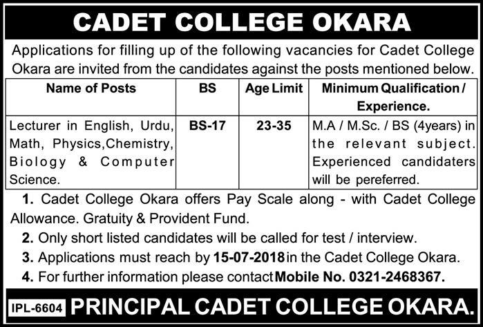 Jobs in Cadet College Okara 22 June 2018