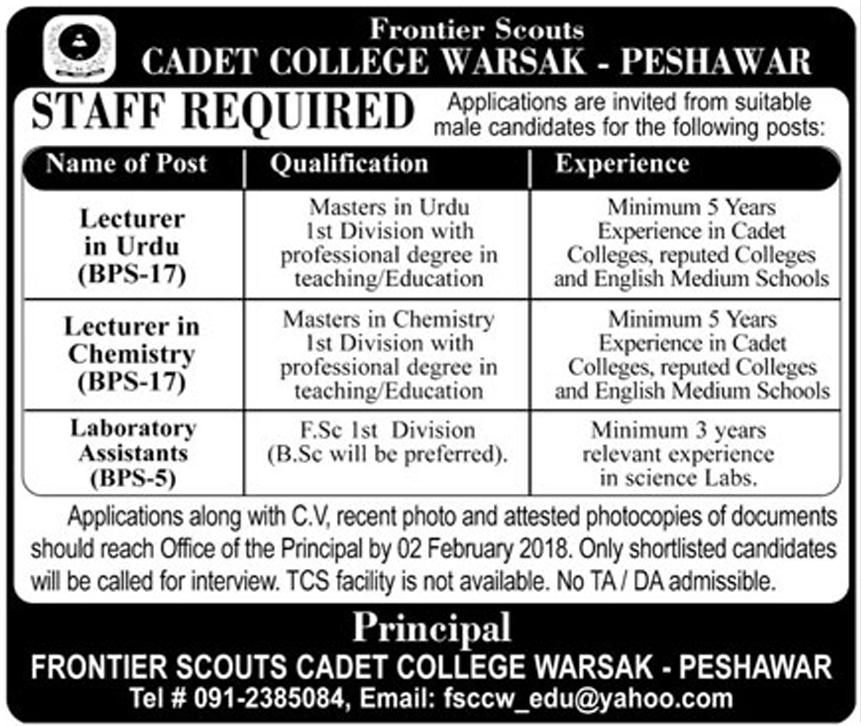 Jobs in Cadet College Warsak Peshawar 21 Jan 2018