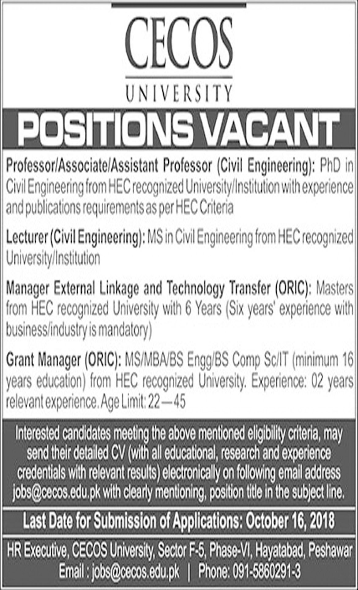 Jobs In CECOS University Peshawar 11 Oct 2018