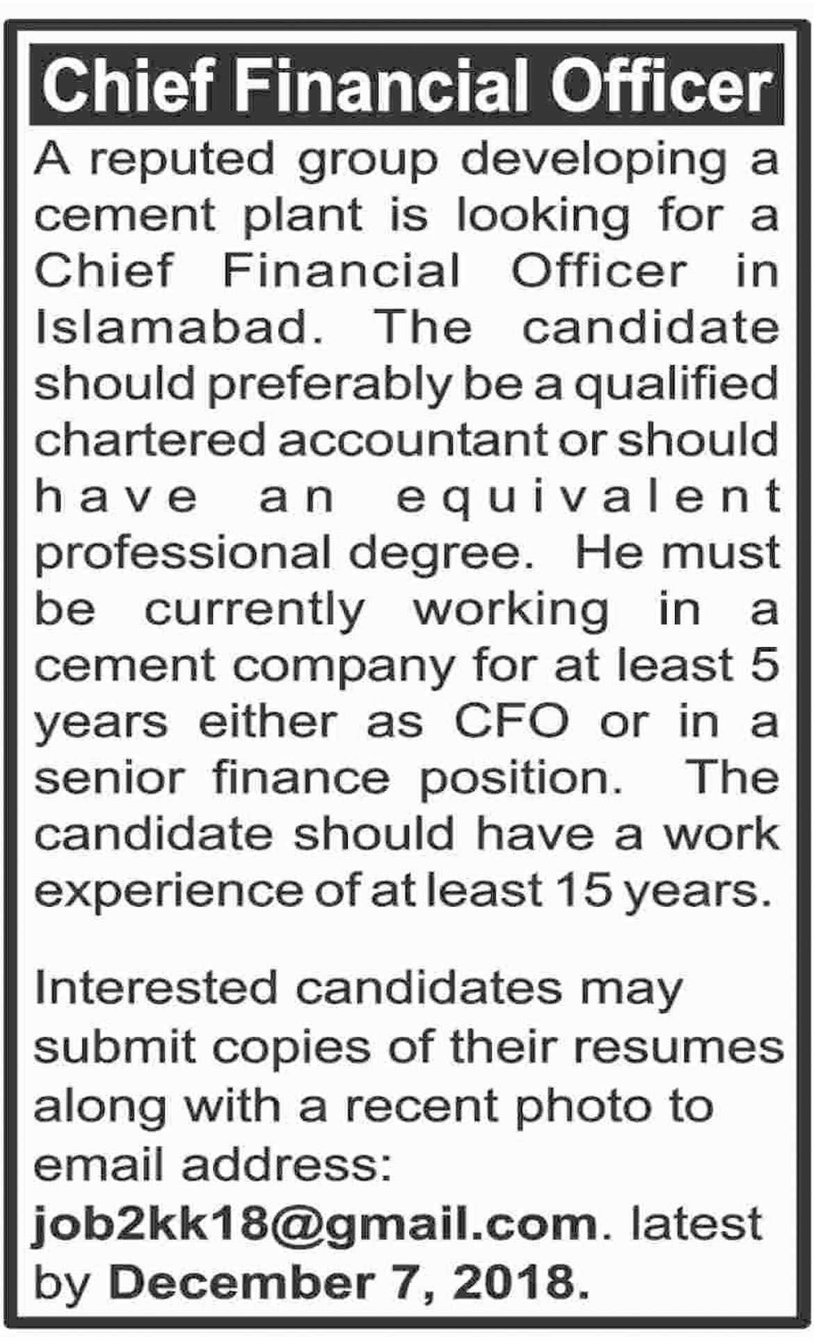 Jobs In Chief Financial Officer Required In Islamabad 03 Dec 2018