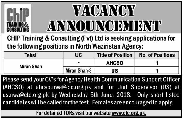 Jobs in Chip Training & Consulting Pvt Ltd 01 June 2018