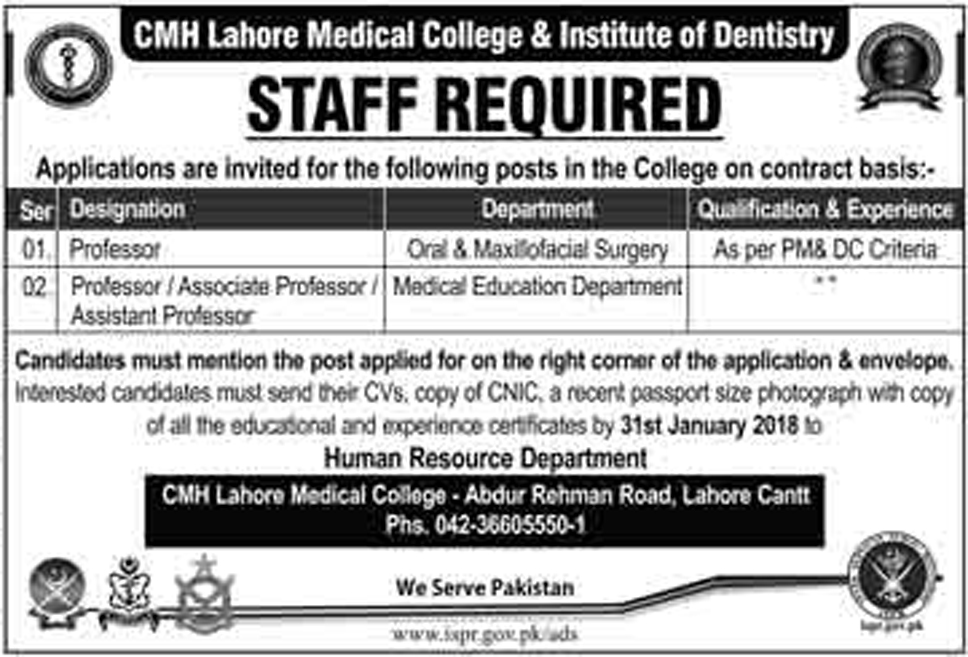 Jobs In CMH Lahore Medical College And Institute 24 Jan 2018