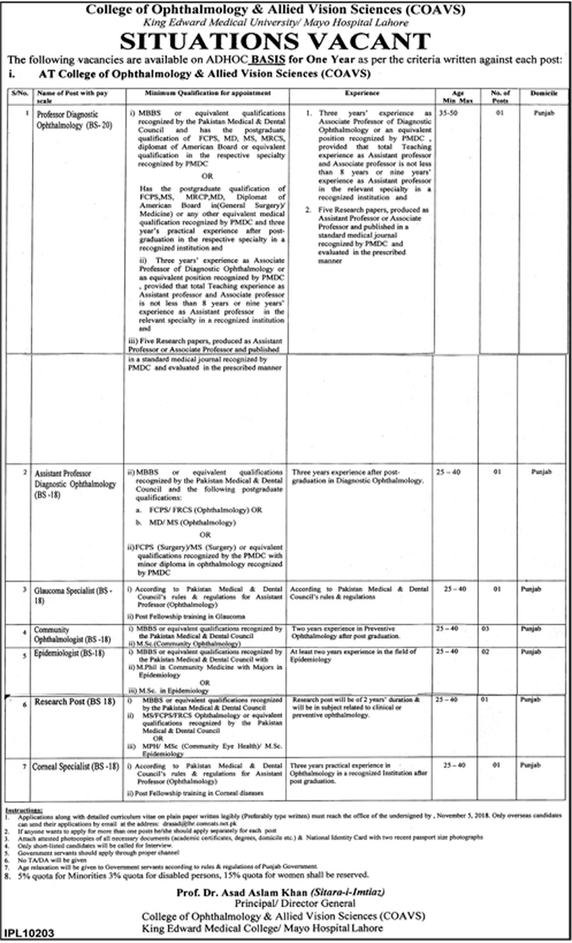 Jobs In College Of Ophthalmology & Allied Vision Sciences 19 Oct 2018