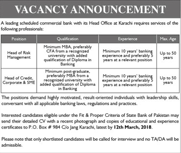 Jobs in Commercial Bank in Karachi 27 Feb 2018