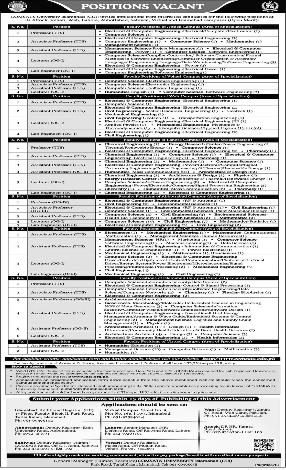 Jobs In COMSATS University Islamabad  19 Oct 2018 