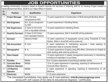 Jobs in Construction Company in Karachi 11 Feb 2018