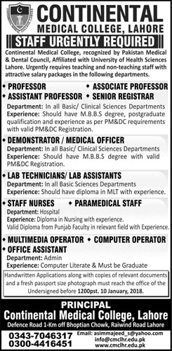 Jobs In Continental Medical College 07 Jan 2018