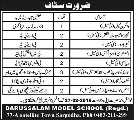 Jobs In Darussalam Model School Sargodha 21 Feb 2018