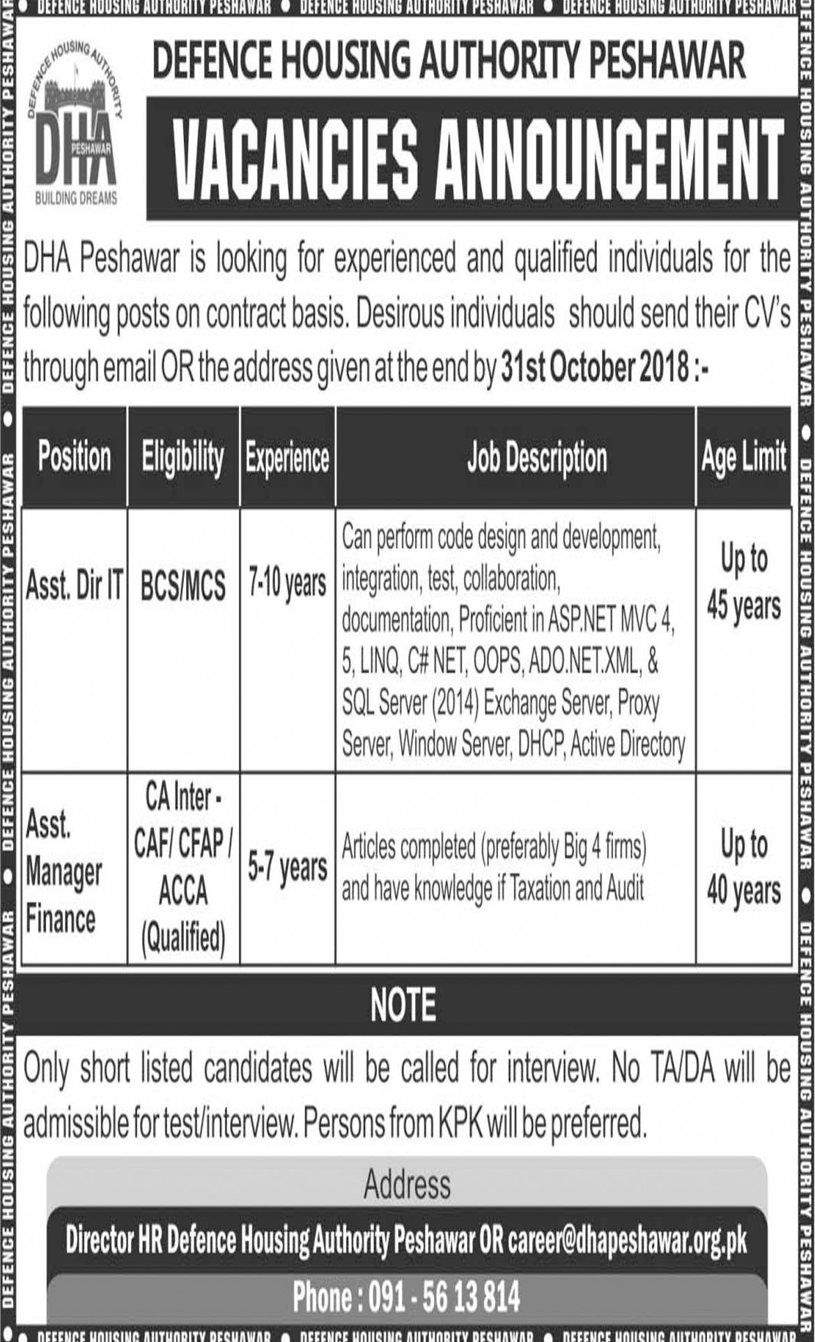 Jobs In Defence Housing Authority DHA Peshawar 26 Oct 2018