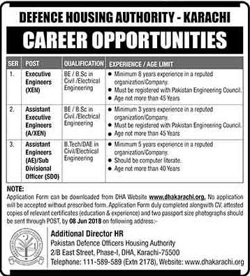 Jobs in Defence Housing Authority Karachi 29 May 2018