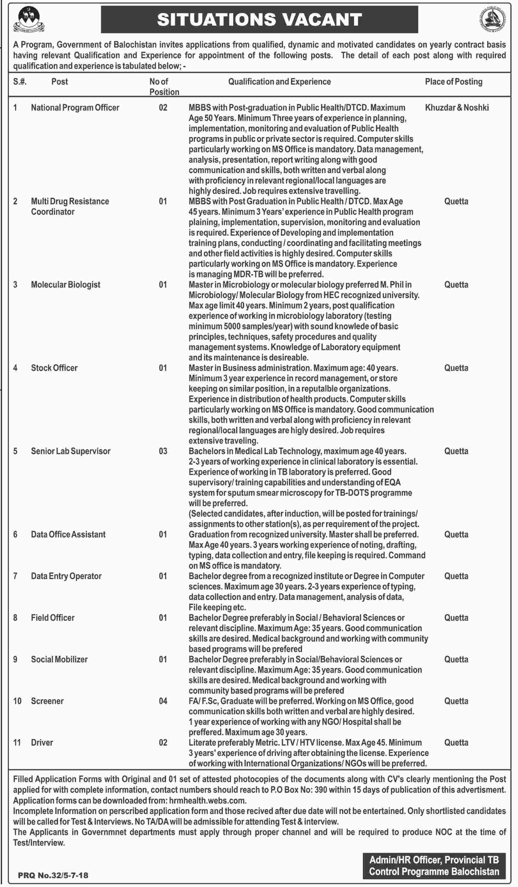 Jobs in Department of Balochistan 07 July 2018