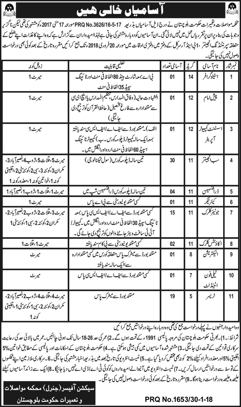 Jobs In Department of Transport and Construction Balochistan 31 Jan 2018