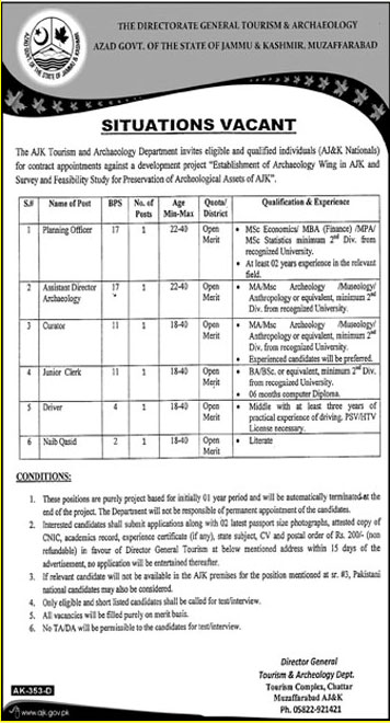 Jobs In Directorate General Tourism & Archaeology Azad Kashmir 29 Mar 2018