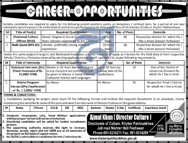 Jobs in Directorate of Culture Khyber Pakhtunkhwa 15 April 2018