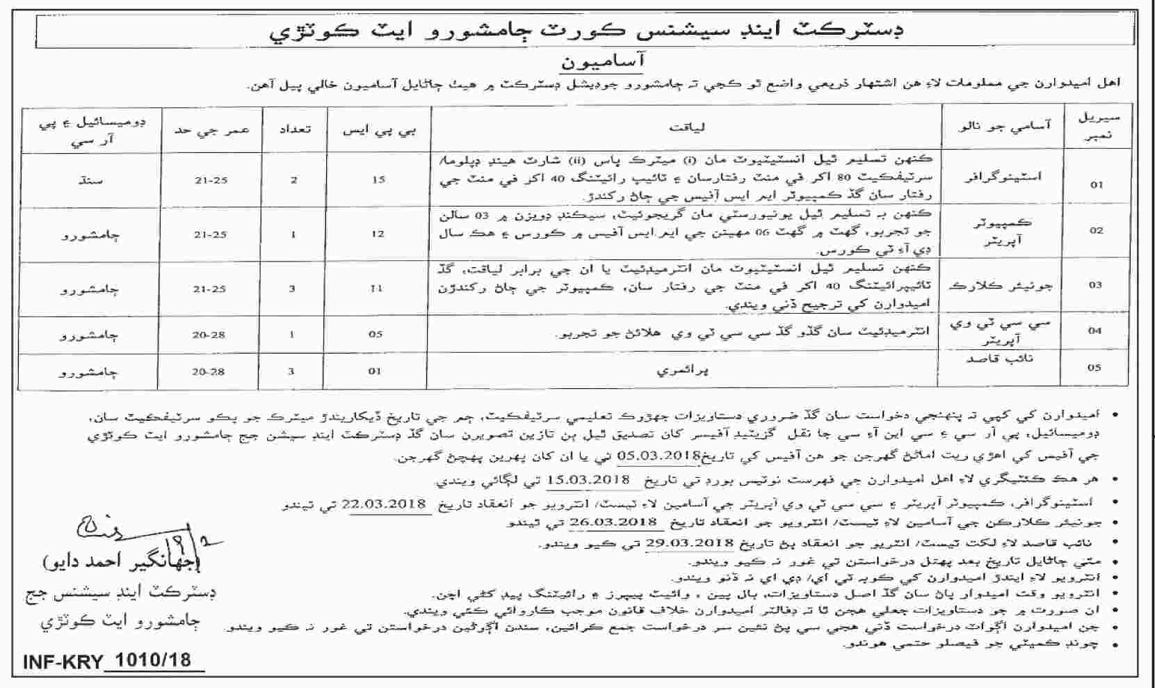 Jobs In District And Session Court Jamshoro 22 Feb 2018