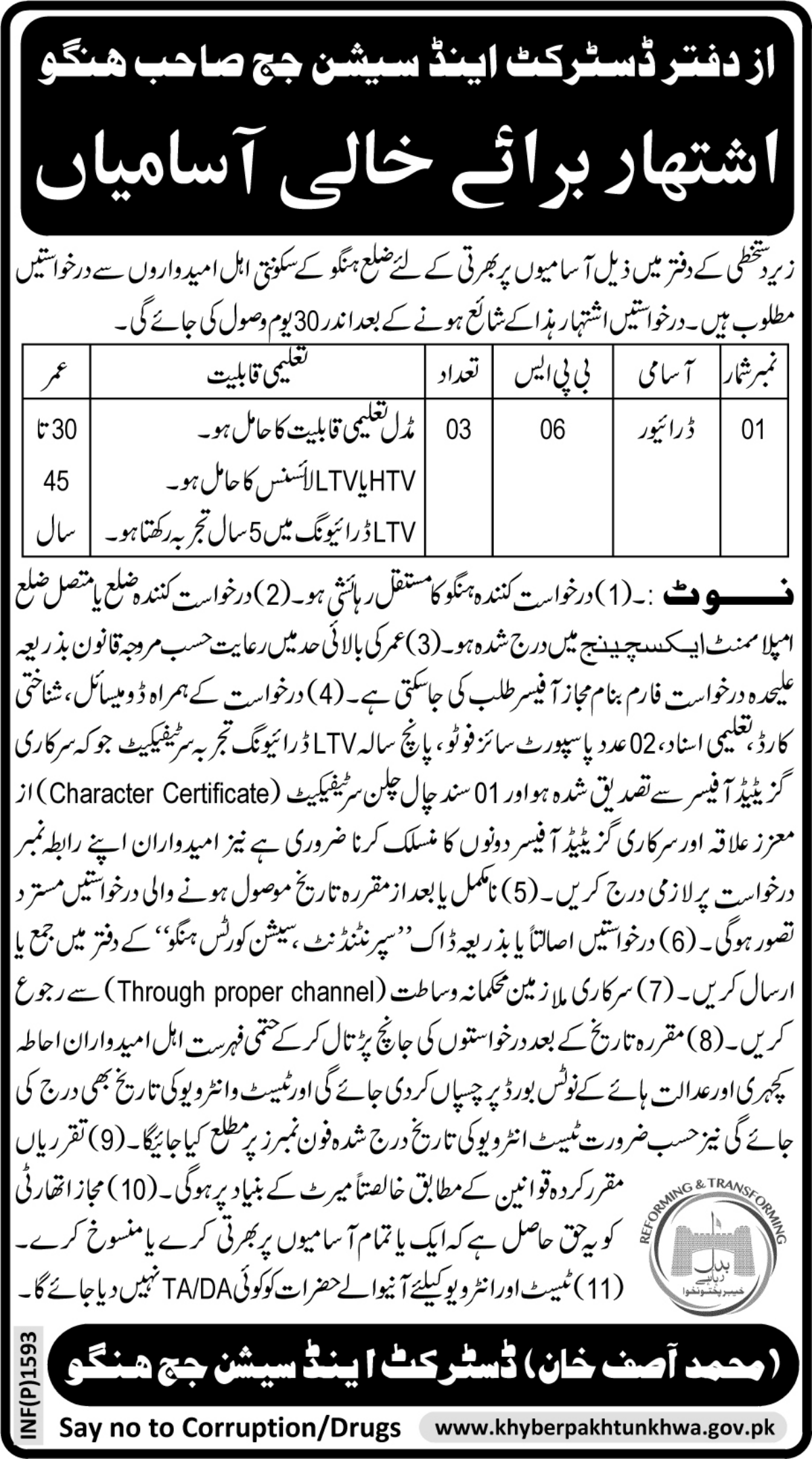 Jobs In District And Session Judge Hangu 05 Apr 2018