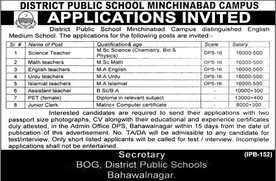 Jobs in District Public School in Bahawalnagar 11 Feb 2018