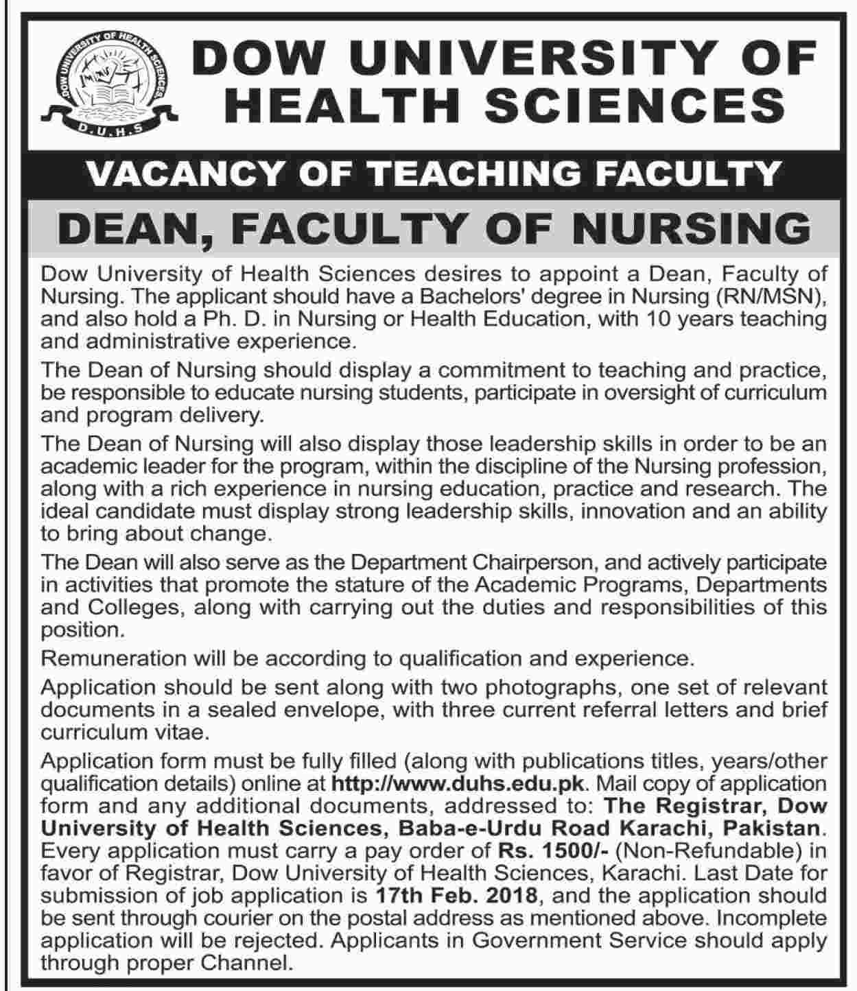 Jobs In DOW University Of Health And Sciences 22 Jan 2018