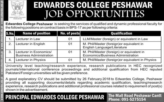 Jobs in Edwardes College Peshawar 10 Feb 2018