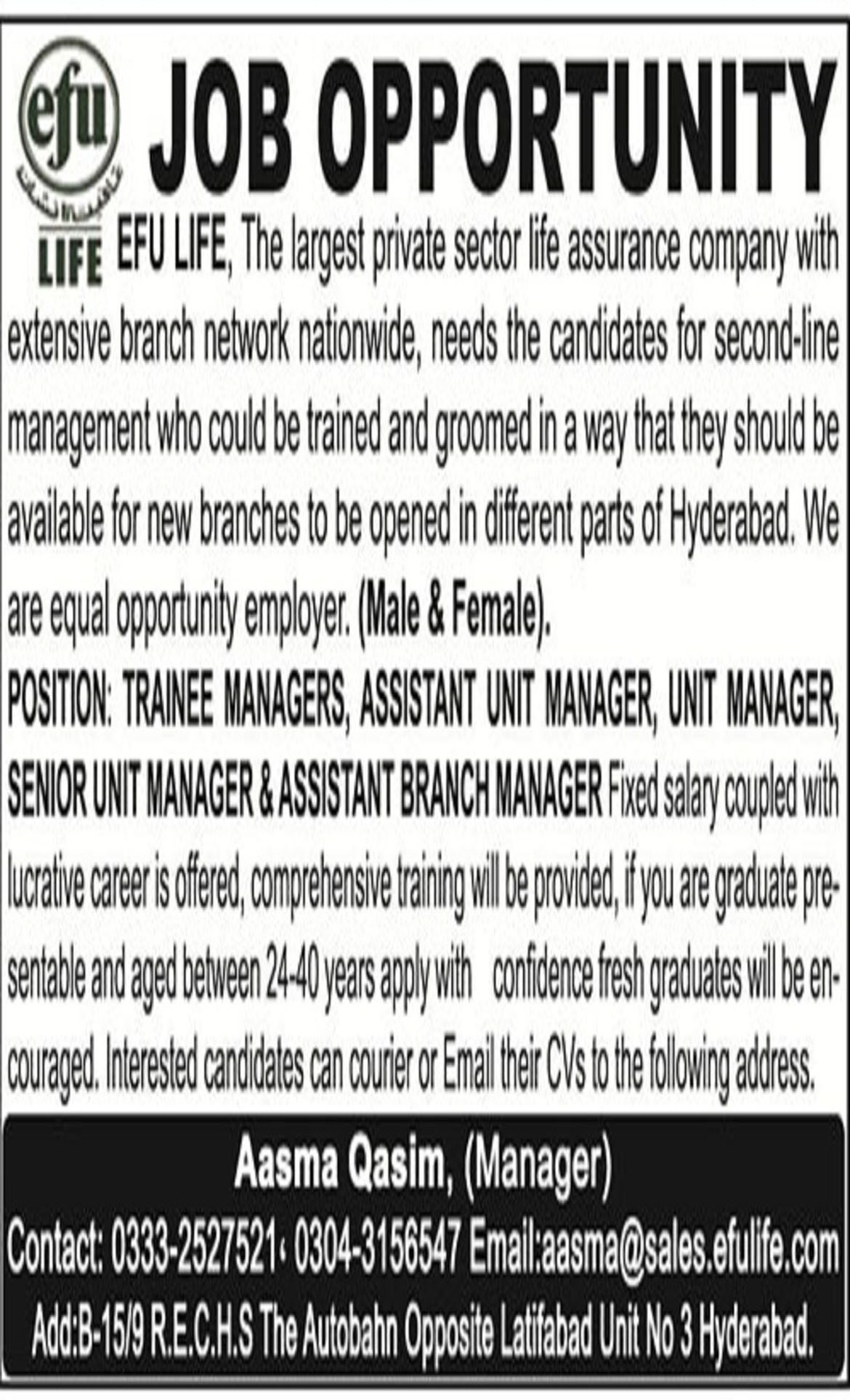 Jobs In EFU Life Assurance Hyderabad 24 Oct 2018