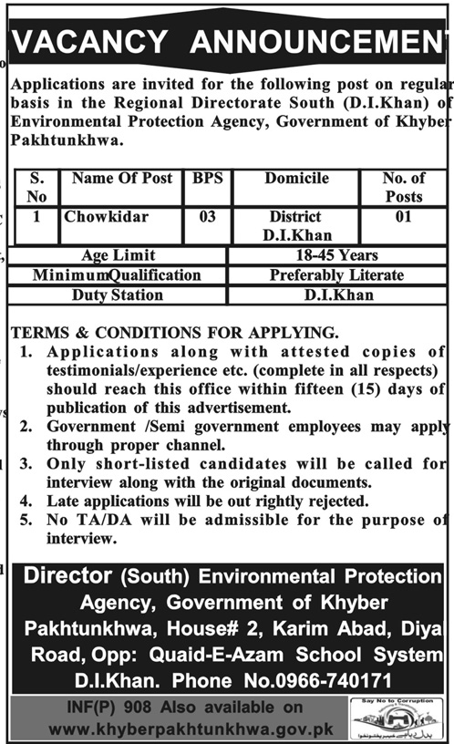 Jobs In Environmental Protection Agency Khyber Pakhtunkhawa 23 Feb 2018