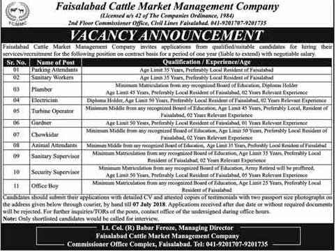 Jobs in Faisalabad Cattle Market Management Company 28 June 2018