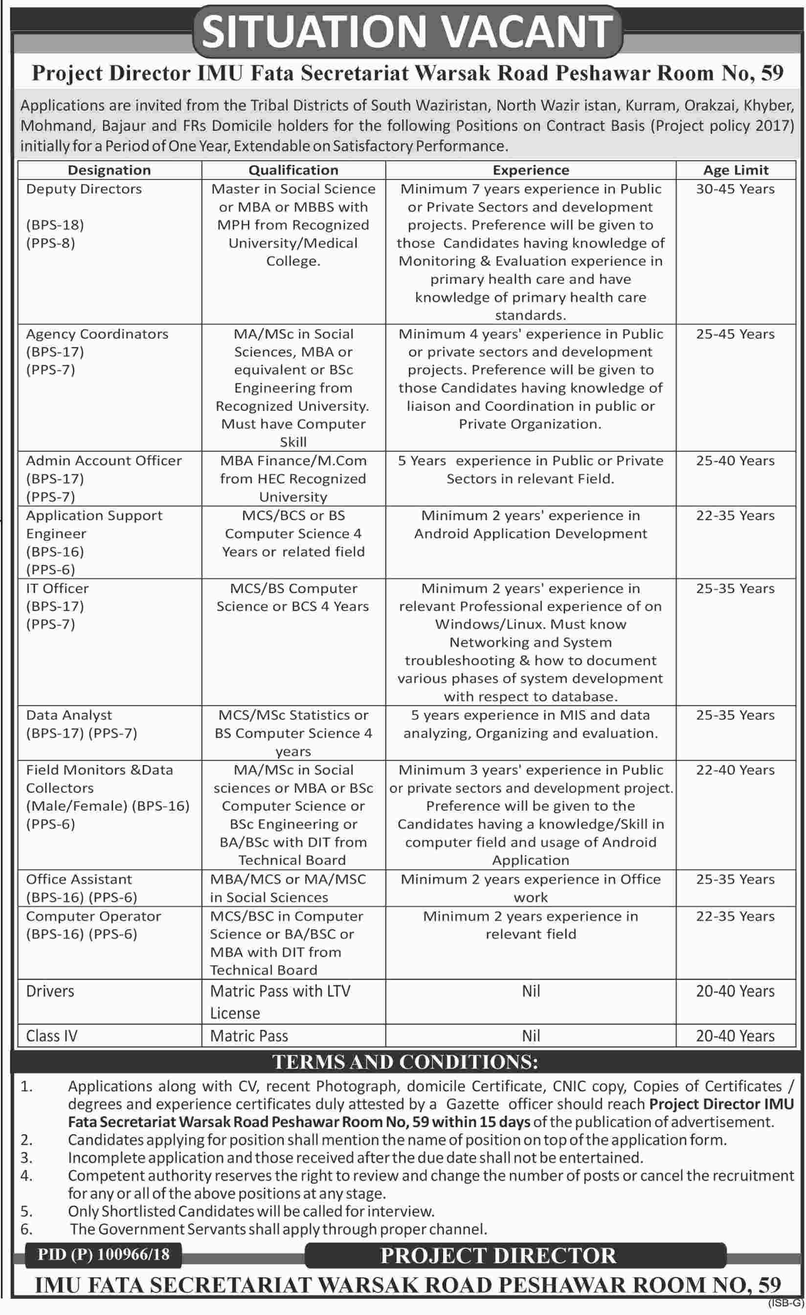 Jobs in Fata Secretariat Peshawar 27 June 2018