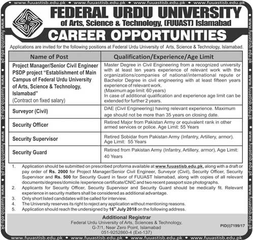 Jobs in Federal Urdu University 01 July 2018