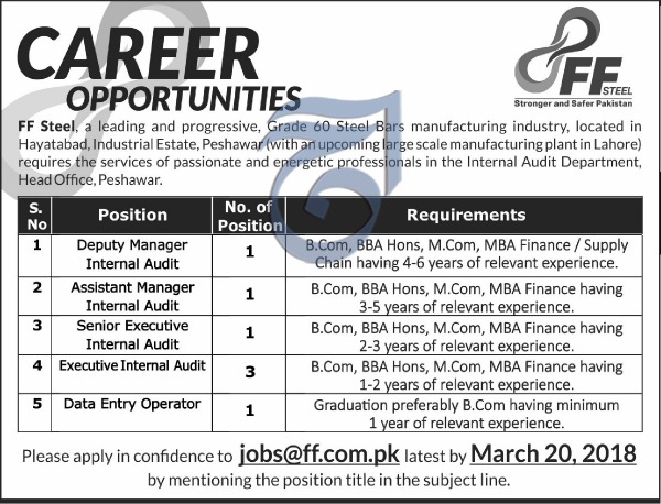 Jobs in FF Steel in Peshawar 11 March 2018