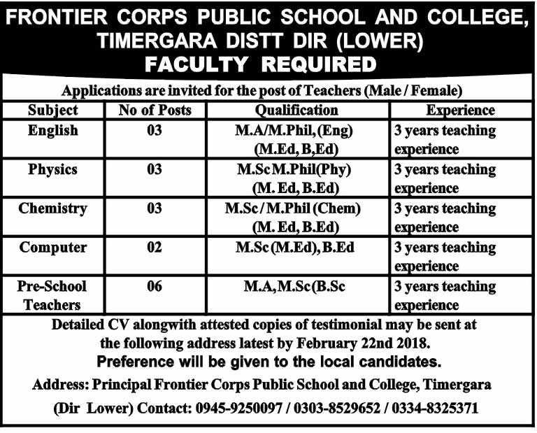 Jobs in Frontier Corps Public School and College 20 Feb 2018