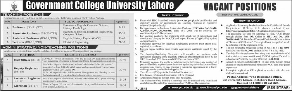 Jobs in GC University Lahore 05 March 2018
