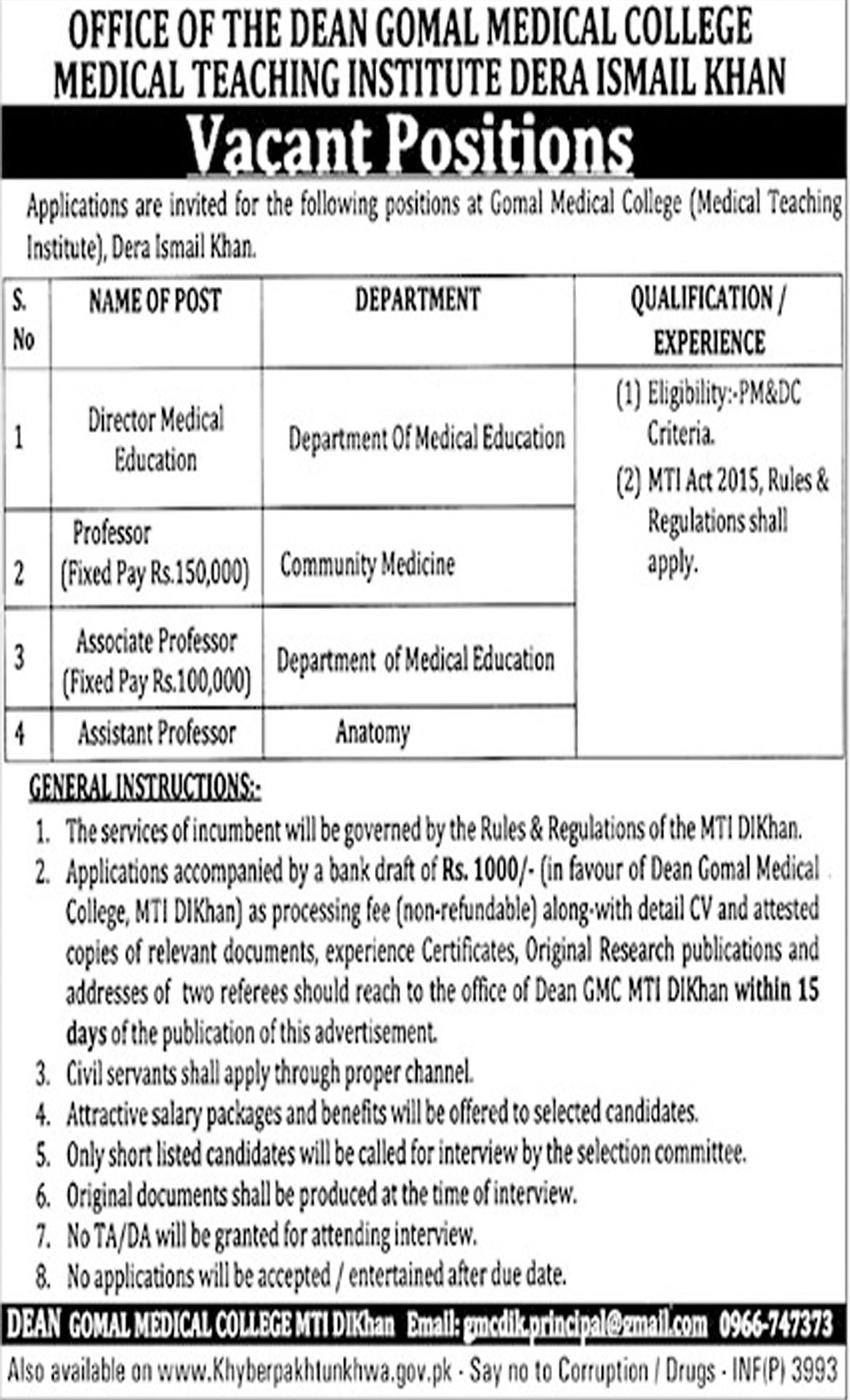 Jobs In Gomal Medical College 17 Oct 2018