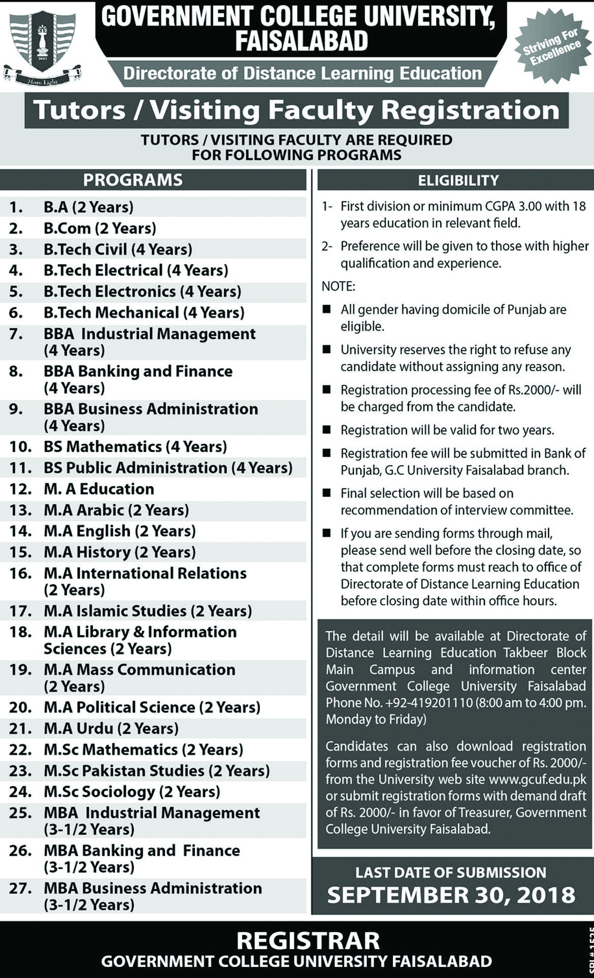 Jobs In Govt College GC University Faisalabad 17 Sep 2018