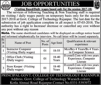 Jobs In Govt College Of Technology Rajanpur 27 Feb 2018