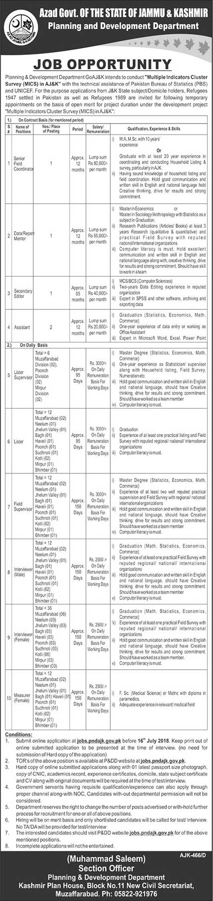 Jobs in Govt of AJK Planning and Development Department Muzaffarabad 30 June 2018