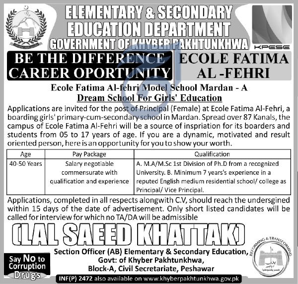 Jobs in Govt of KPK Elementary & Secondary Education Department 25 May 2018