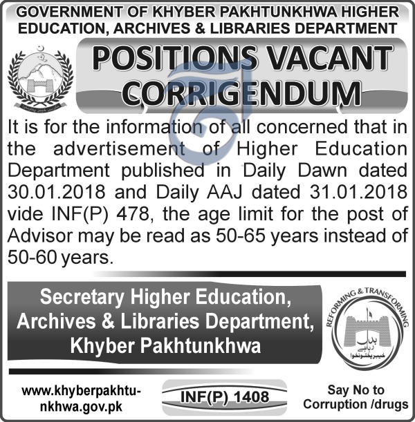 Jobs in Govt of KPK Higher Education Archives and Libraries Department 26 March 2018