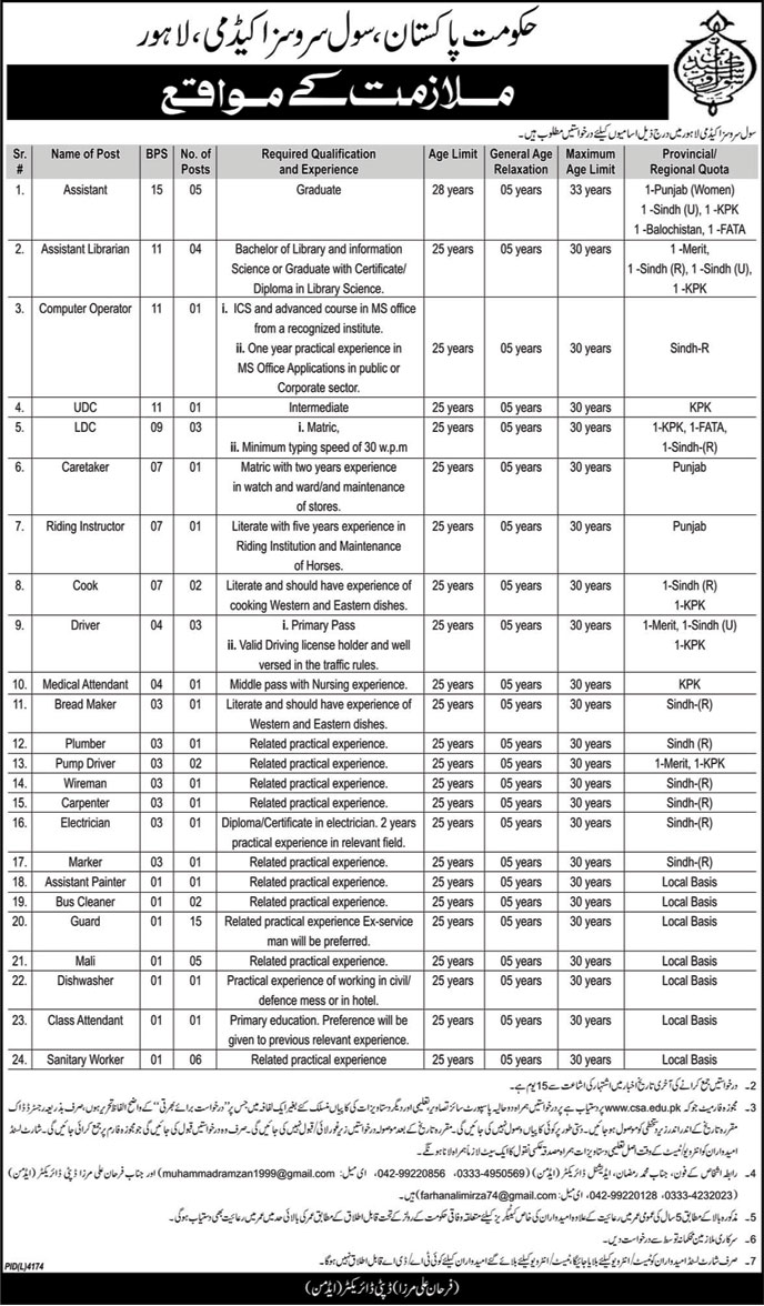 Jobs in Govt of Pakistan Civil Services Academy Lahore 13 April 2018
