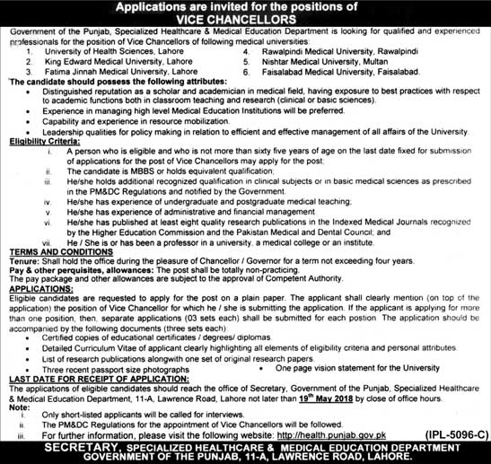 Jobs in Govt of Punjab Healthcare & Medical Education Department 04 May 2018