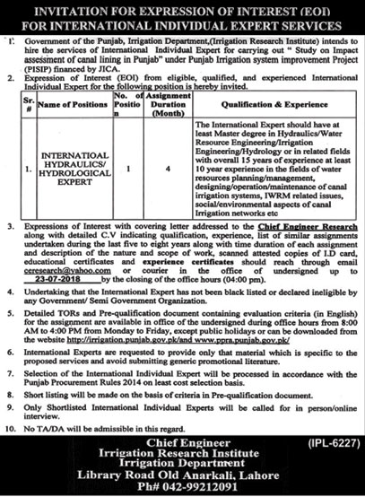 Jobs in Govt of Punjab Irrigation Department 08 June 2018