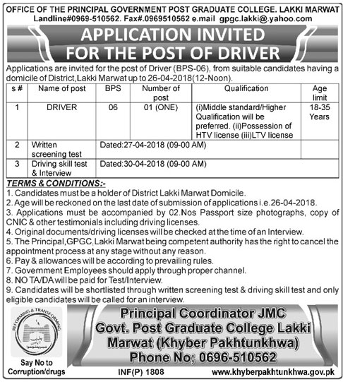 Jobs In Govt Post Graduate College Lakki Marawat  14 Apr 2018