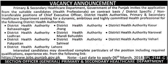 Jobs in Govt Primary and Secondary Healthcare Department 17 Feb 2018